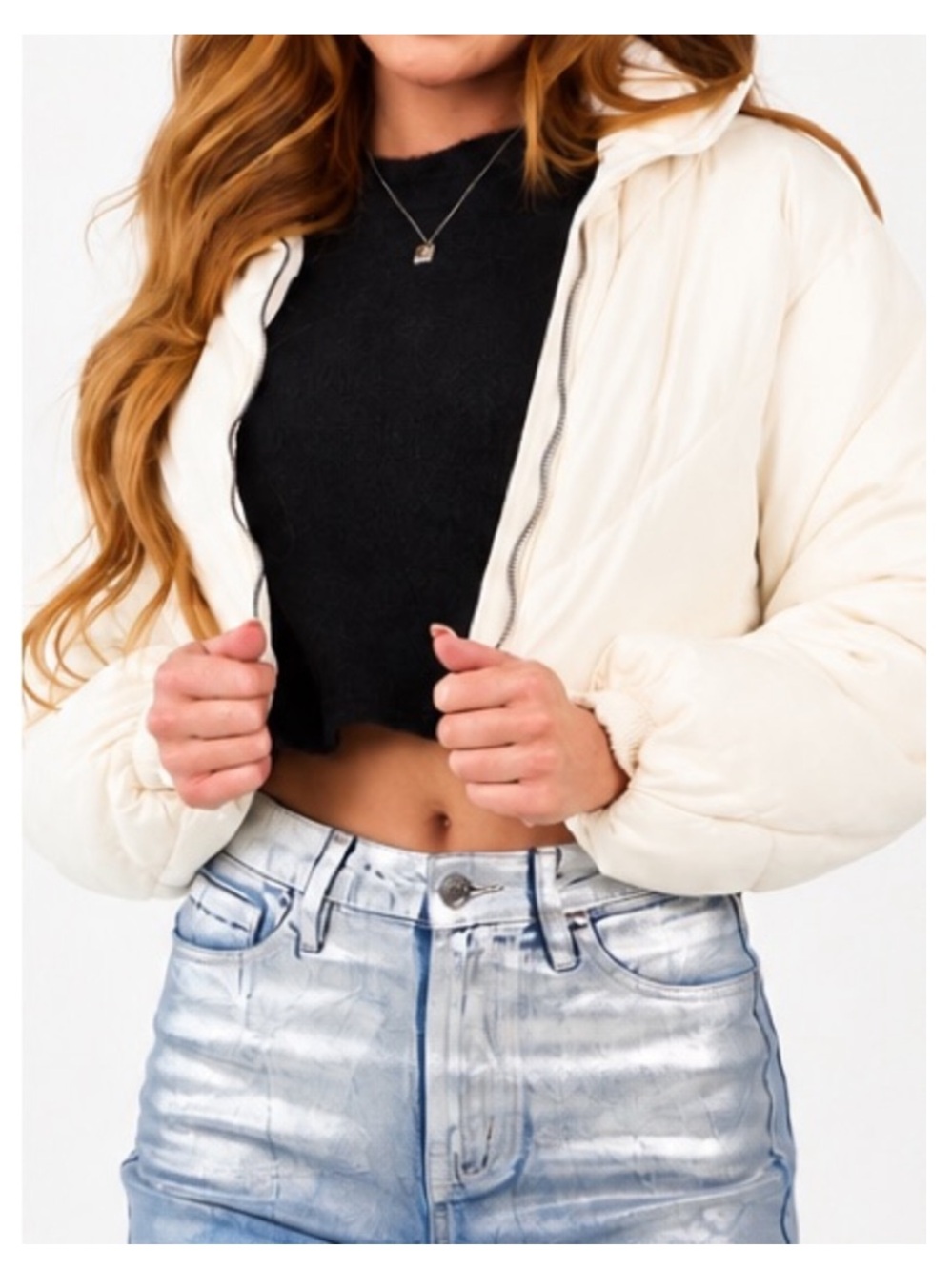 NWT LOVE TREE Cropped Zip-Up Puffer Jacket in Ivory